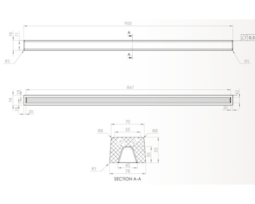 Desen tehnic al unei protecții de margine cu dimensiuni