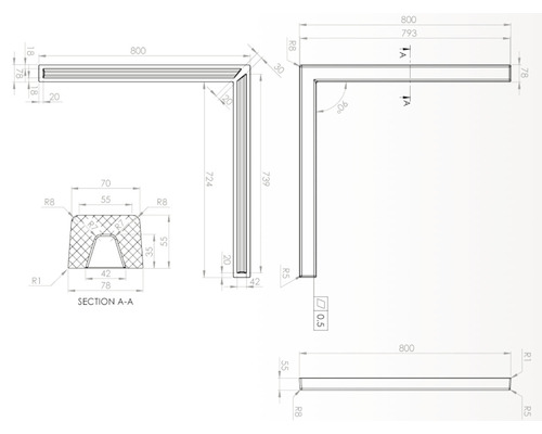 Desen tehnic al unui profil de colț cu dimensiuni