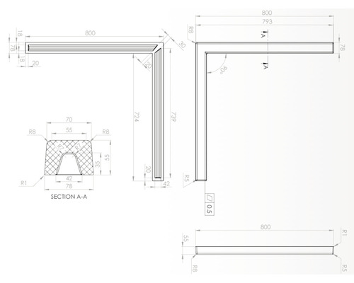 Desen tehnic al unui profil de colț cu dimensiuni