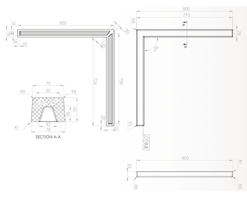 Desen tehnic al unui profil de colț cu dimensiuni