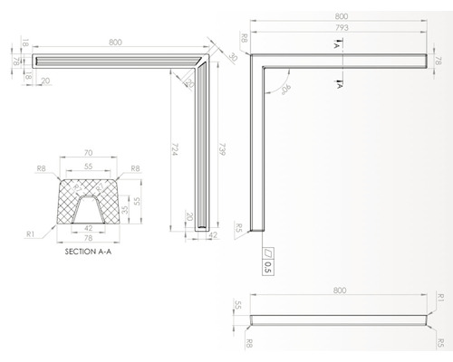 Desen tehnic al unui profil unghiular cu dimensiuni