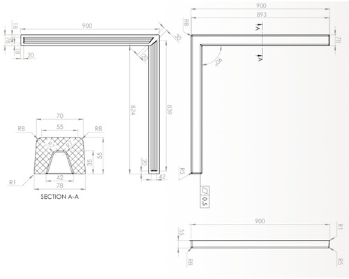 Desen tehnic al unui profil unghiular cu indicații de măsurare