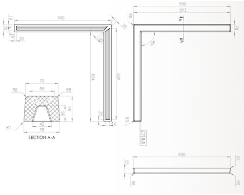 Desen tehnic al unui profil unghiular cu dimensiuni