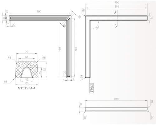 Desen tehnic al unui profil de colț cu dimensiuni