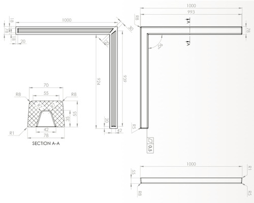 Desen tehnic al unui profil de protecție a muchiilor din aluminiu cu dimensiuni