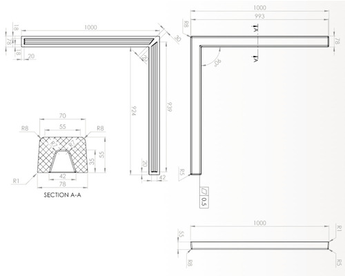 Desen tehnic al unui profil unghiular cu dimensiuni