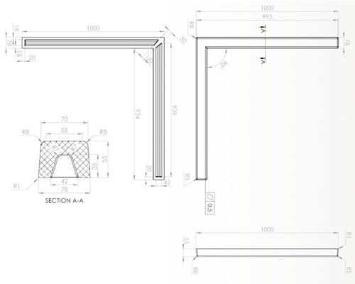 Desen tehnic al unui profil unghiular cu dimensiuni