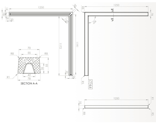 Desen tehnic al unei protecții de margine cu dimensiuni