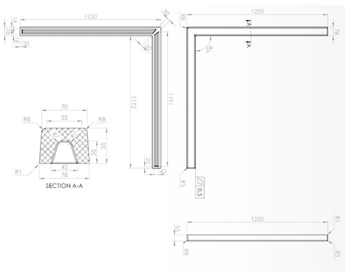 Desen tehnic al unui profil de colț cu dimensiuni