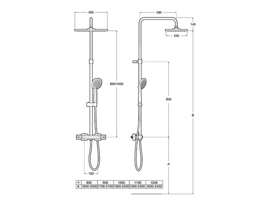 Desen tehnic al unui sistem de duș cu duș fix, duș de mână și dimensiunile aferente.