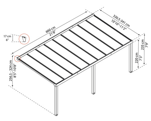 Dimensiunile unui acoperiș de terasă cu o lungime de 660 cm, o lățime de 330,5 până la 341 cm și o înălțime de 220 cm până la 235 cm
