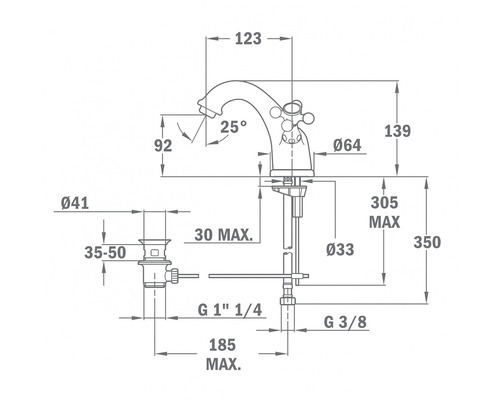 Desen tehnic al unui robinet cu indicații de dimensiuni