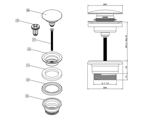 Desen explodat al unui dop de chiuvetă cu dimensiuni