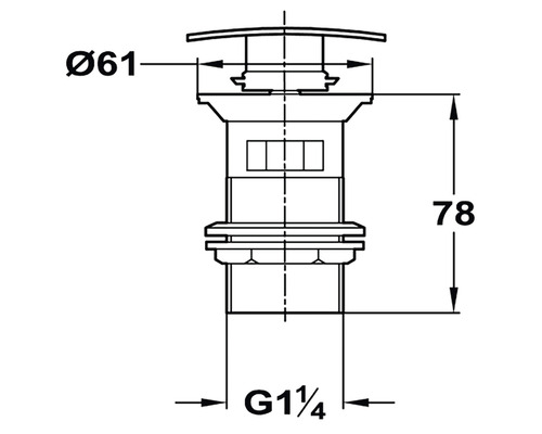Desen tehnic al unei supape de scurgere cu dimensiunile diametru 61 milimetri, înălțime 78 milimetri și filet G 1 1/4