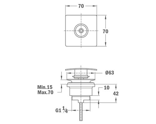 Desen tehnic al unei supape de scurgere cu dimensiunile 70 x 70 x 42 mm