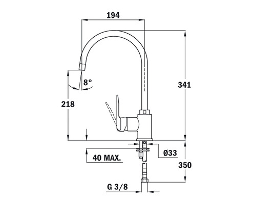 Desen tehnic al unei baterii de bucătărie cu dimensiuni