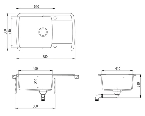 Desen tehnic al unei chiuvete cu dimensiuni