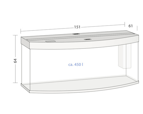Acvariu cu dimensiunile 151 x 61 x 64 centimetri și un volum de aproximativ 450 litri.