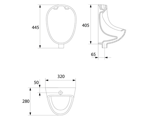 Desen tehnic al unui urinal cu dimensiuni