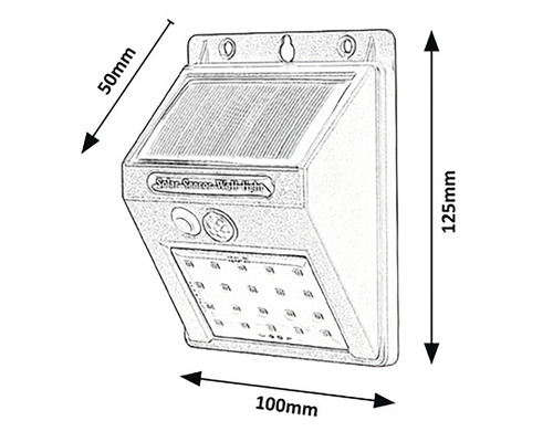 Lampă solară cu senzor și dimensiunile 125 mm înălțime, 100 mm lățime și 50 mm adâncime.