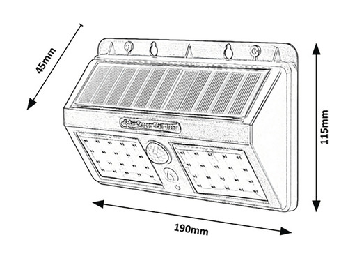 Lampă solară cu senzor de mișcare și dimensiunile de 190 mm lungime, 115 mm înălțime și 45 mm adâncime.