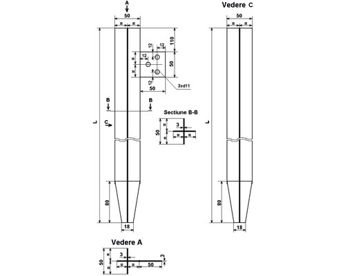 Desen tehnic al unui suport de stâlp cu dimensiuni