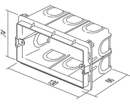 Doză de instalație cu dimensiunile de 130 x 66 x 74 milimetri.