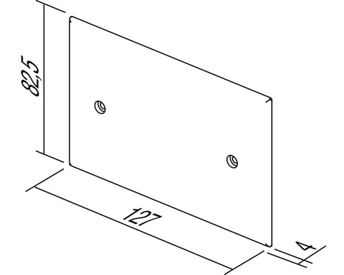 Desen tehnic al unei plăci dreptunghiulare cu dimensiunile 82,5 x 127 x 4 mm și două găuri de foraj