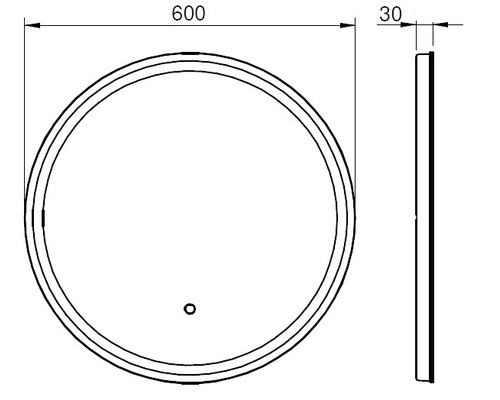Desen tehnic al unei oglinzi rotunde cu dimensiunile de 600 pe 30 de milimetri