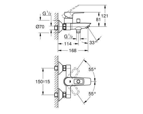 Desen tehnic al unei baterii de duș cu dimensiuni