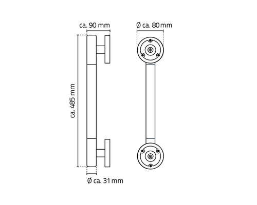 Desen tehnic al unui mâner de ușă cu dimensiuni