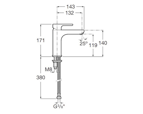 Desen tehnic al unui robinet de chiuvetă cu dimensiuni