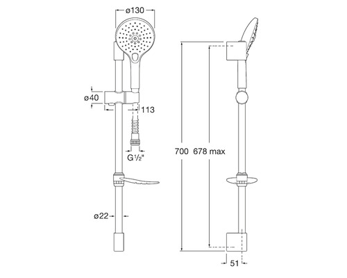 Desen tehnic al unei bare de duș cu duș de mână și specificații dimensionale.