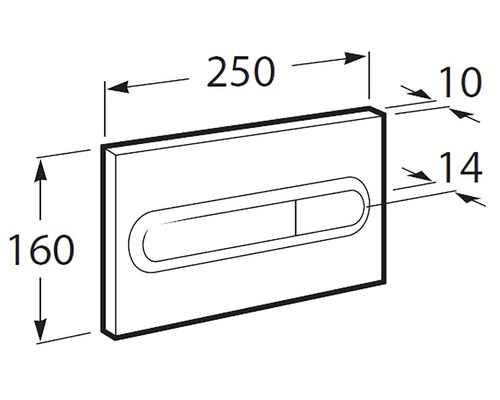 Dimensiunile unei plăci de acționare pentru un rezervor de toaletă cu o lățime de 250 milimetri și o înălțime de 160 milimetri.