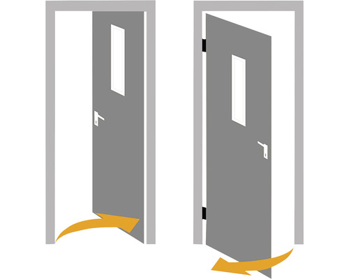 Ilustrație a unei uși cu fereastră și săgeată care indică direcția de deschidere