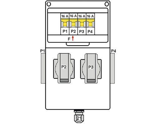 Distribuitor de energie electrică cu patru siguranțe și etichetă