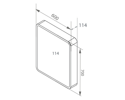Desen tehnic al unei oglinzi de baie cu dimensiunile 600 x 700 x 114 mm