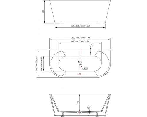 Desen tehnic al unei căzi cu dimensiuni.