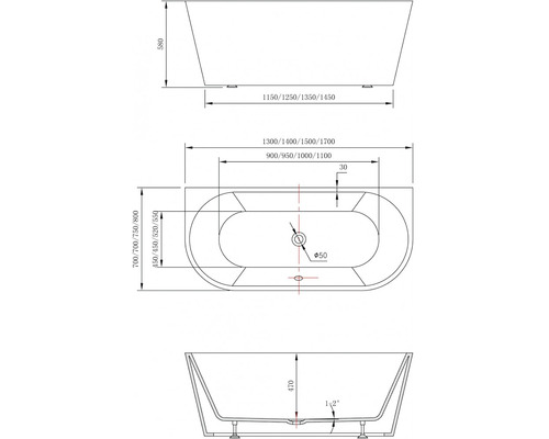 Desen tehnic al unei căzi cu dimensiuni indicate