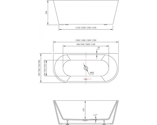 Desen tehnic al unei căzi de baie cu dimensiuni