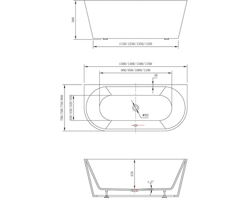 Desen tehnic al unei căzi cu dimensiuni