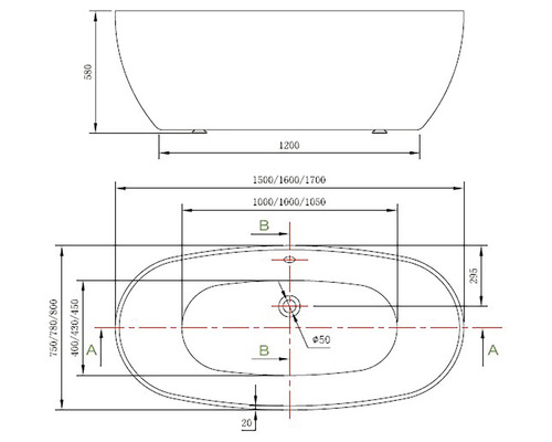 Desen tehnic al unei căzi de baie independente cu dimensiuni
