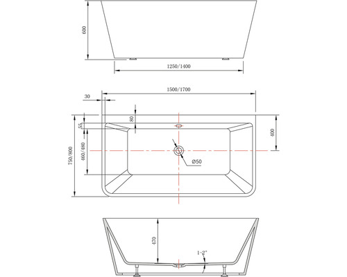 Desen tehnic al unei căzi cu dimensiuni