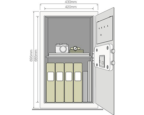 Imagine a unui seif cu ușa deschisă și specificații de dimensiuni.