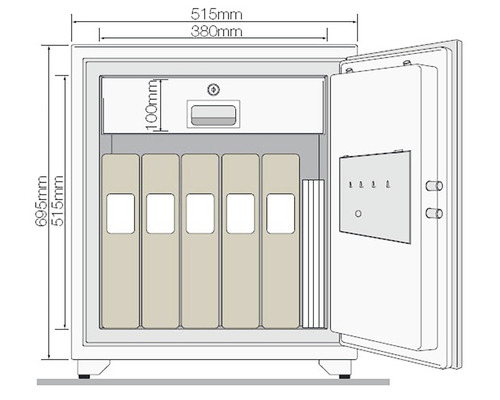 Ilustrație a unui seif cu foldere și specificații de dimensiuni