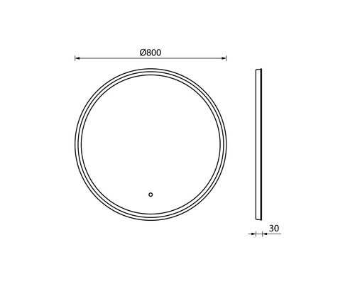 Desen tehnic al unei oglinzi rotunde cu un diametru de 800 mm și o adâncime de 30 mm