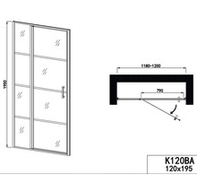 Desen tehnic al unei cabine de duș cu ușă batantă, dimensiuni 120 pe 195 centimetri și denumirile K120BA.
