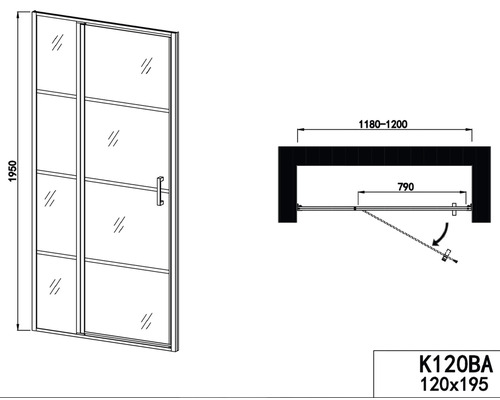 Desen tehnic al unei cabine de duș cu ușă batantă, dimensiuni 120 pe 195 centimetri și denumirile K120BA.
