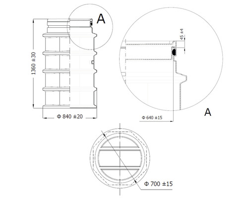 Desen tehnic al unei părți inferioare de puț cu indicații de măsurare