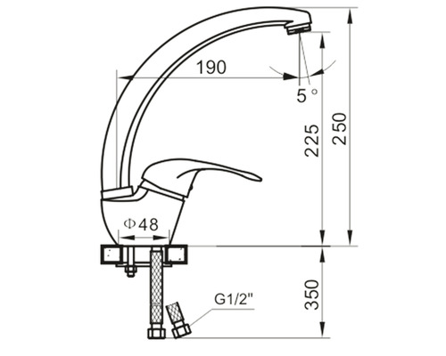 Desen tehnic al unei baterii de bucătărie cu dimensiuni